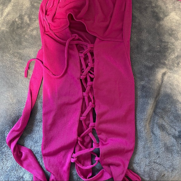 Hot Pink mini dress with crisscross in the cleavage area down to the front. - Picture 3 of 6